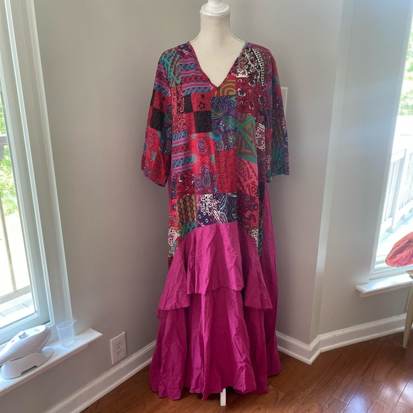 SHEIN Other - Shein Curve Hot Pink Patchwork Print Ruffled Maxi Dress